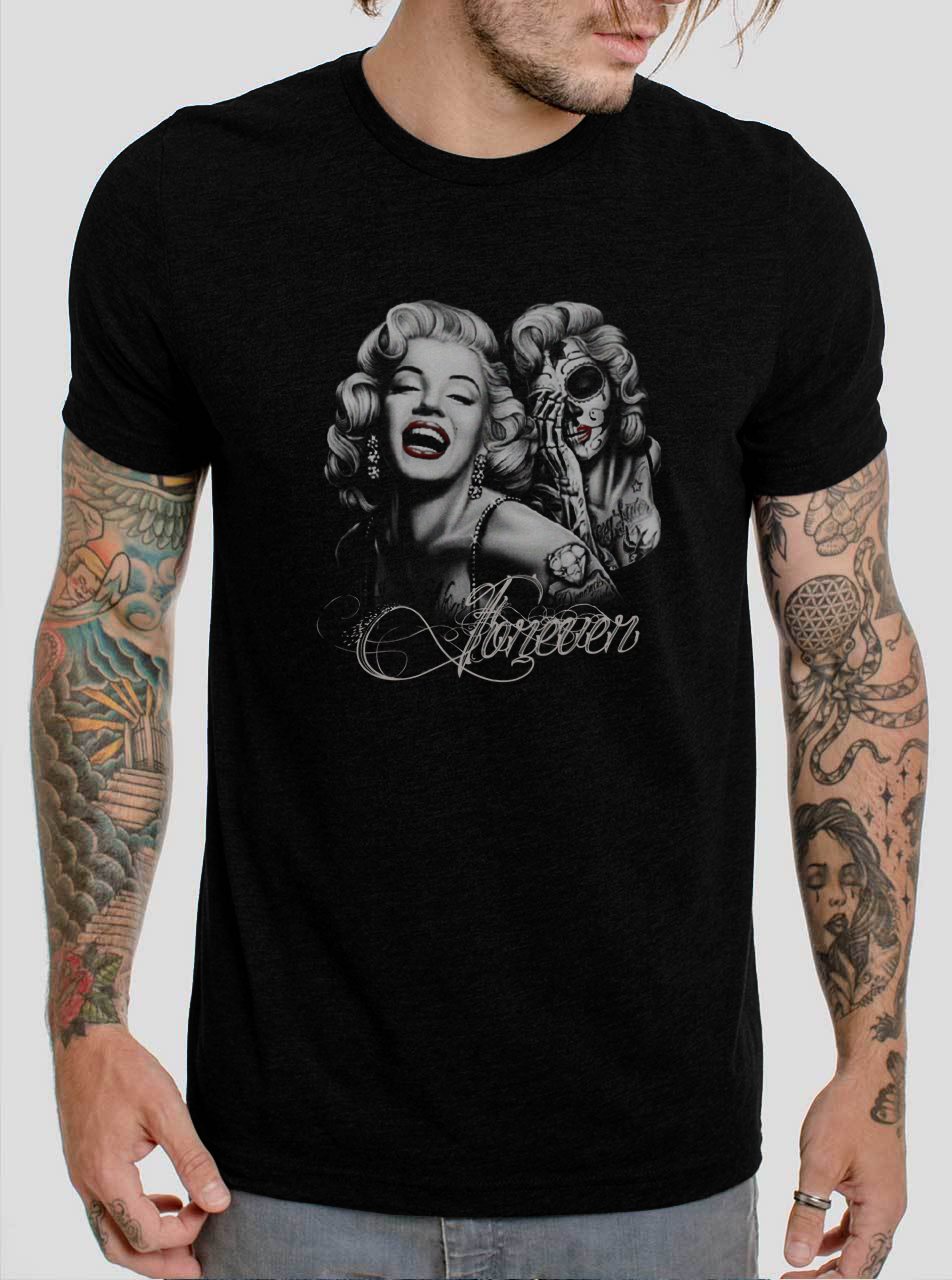 MARILYN MONROE FOREVER Tattoo Art Sugar Skull Black T-Shirt, T-Shirts for Men