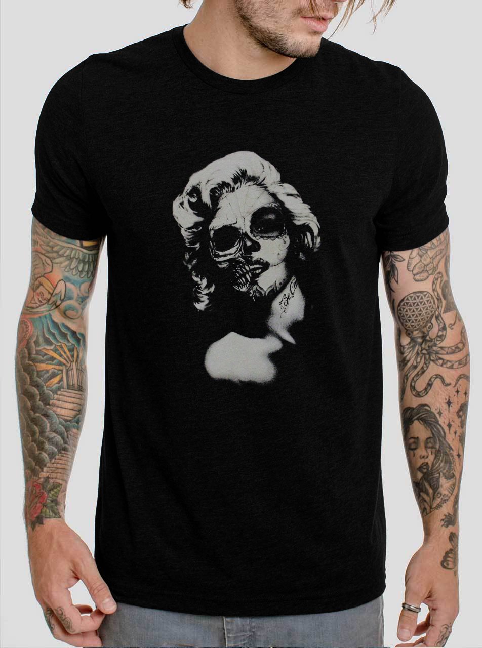 Sexy Marilyn Monroe Sugar Skull Tattoo Black T-Shirt, T-Shirts for Men