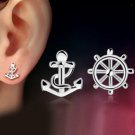 Women Cute Anchor and Rudder Ear Studs Tiny 925 Silver Plated Earrings