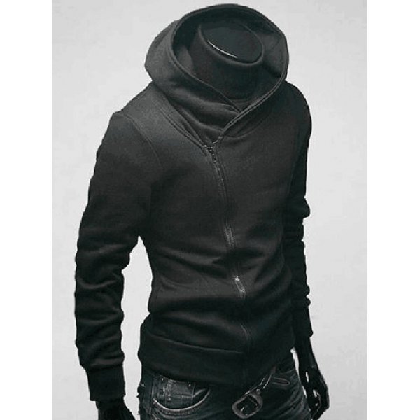 Side Zip Up Long Sleeve Plain Hoodie For Men