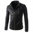 Stand Collar PU-Leather Belt Embellished Zipper Long Sleeve Jacket For Men