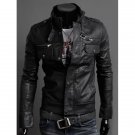 Stand Collar PU-Leather Belt Embellished Epaulet Long Sleeve Jacket For Men
