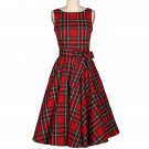 Vintage Jewel Neck Sleeveless Plaid Belted Women A-line Dress