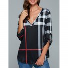 Neck 3/4 Sleeve Plaid Blouse