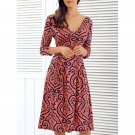 3/4 Sleeve Plunging Neck Printed Dress