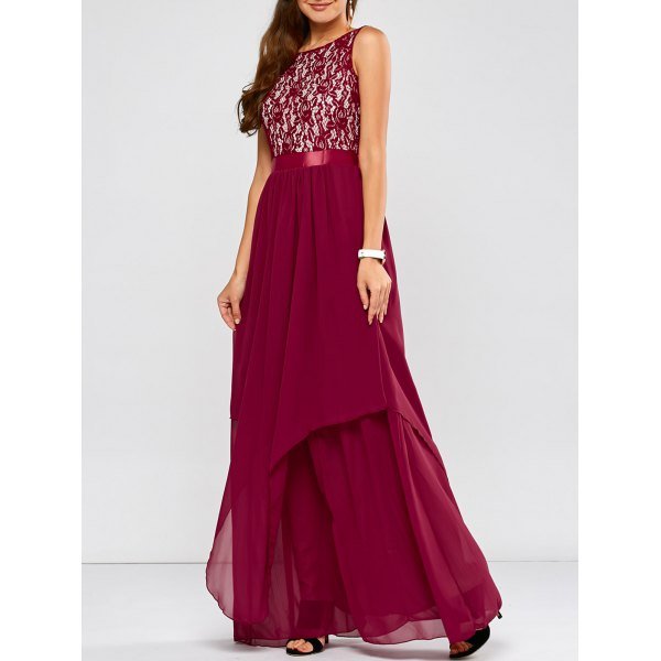 Lace Spliced Chiffon Layered Maxi Prom Dress