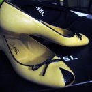 CHANEL MADE IN ITALY FLATS:beige leather black patent leather flats size 7 or 37