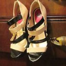 DP STILETTOS BEIGE/BLACK STRAPPY WITH RED HEELS SIZE 9