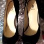 BAKER STILETTOS BLACK SUEDE WITH CHECKERBOARD HEELS OPEN-TOED PUMPS SIZE 9M