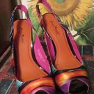 ANNIE MICHELLE OPEN-TOED MULTI-COLOR SILK STILETTOS SIZE10.