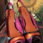 ANNIE MICHELLE OPEN-TOED MULTI-COLOR SILK STILETTOS SIZE10.