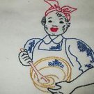BLACK AMERICANA  VINTAGE FEEDSACK CUPTOWEL  LADY STIRRING BOWL VINTAGE 1946.