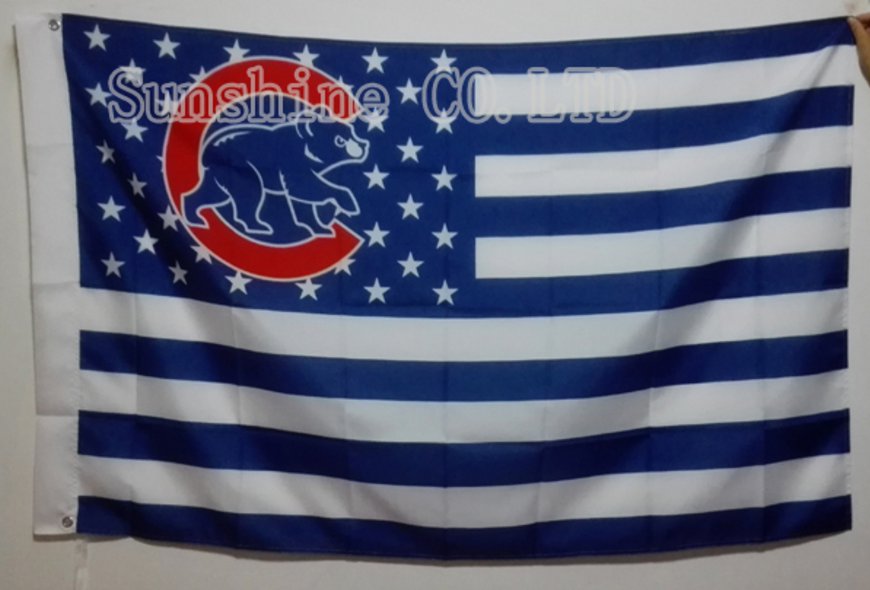 Chicago CUB with Stars and Stripes flag white background 3FTx5FT Banner 100D Polyester Flag