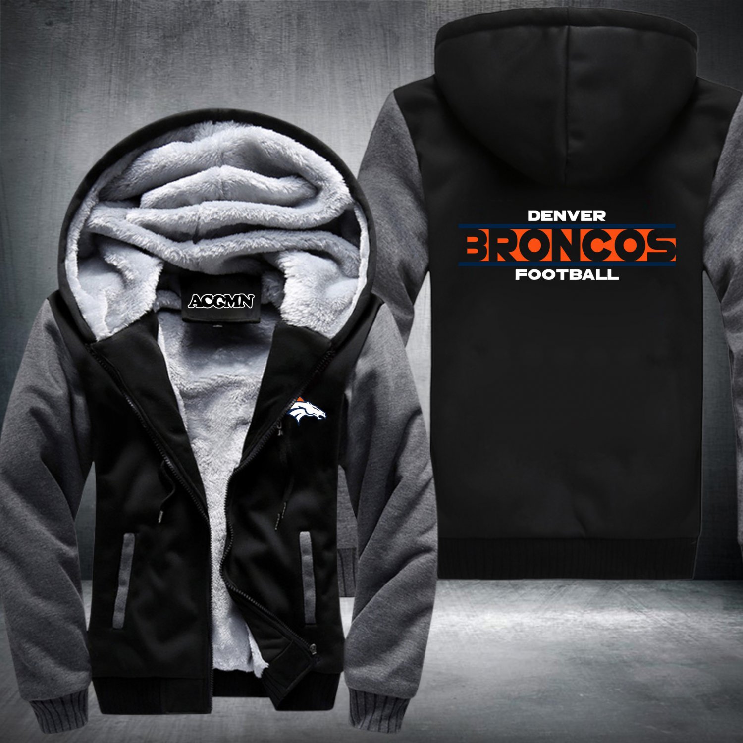 Denver Broncos Hoodies Zip Up Super Warm Thicken Fleece Men's Coat USA plus size