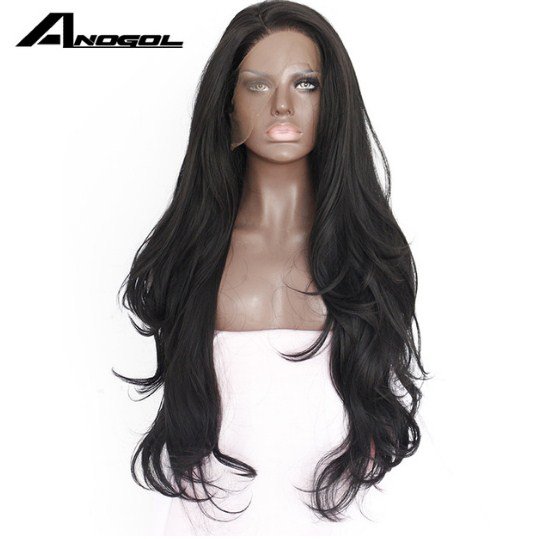 Glueless Wigs Swiss Wavy Long Hair Fiber High Temperature 1 # Black Synthetic Lace Front Wig Size 22