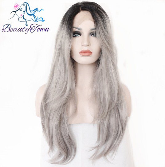 Lace Handmade Black Ombre Gray Party Perruque Hair Heat-resistant Synthetic Lace Front Wig SIze 22