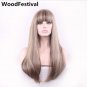 Women synthetic wigs with heat resistant bangs blonde mix color long straight hair wig size 26