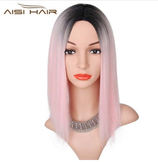 Wig Ombre Pink Wig Straight Synthetic Wigs Short Black Hair for Women High Temperature Fiber