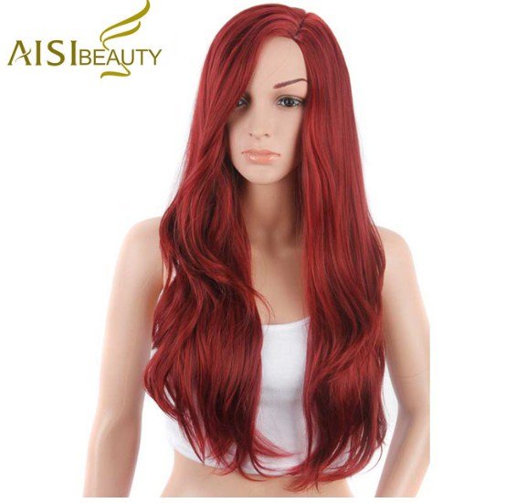 Long Wave Natural Synthetic Hair Cosplay and Party Wigs for Women Red Color