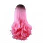 WoodFestival Root  Heat Resistant Dark Gradient Hair Women Wigs Wavy Synthetic Long Ombre Pink Wig