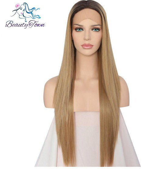 High Temperature Straight Hair Fiber Glueless Lace Front Wig Synthetic For Women Size 24