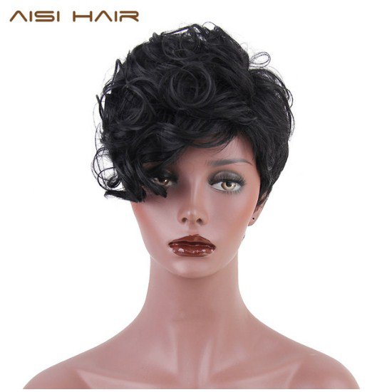 Synthetic Hair Short Pixie Cut Hairstyle Wigs for Women Black Wavy Heat Resistant