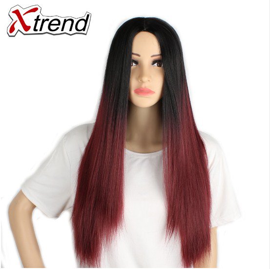 Long Straight Synthetic Black Wigs Burgundy Green Ombre kanekalon Heat Resistant Cosplay Wigs