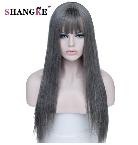 Straight Long Gray Heat Resistant Wig Synthetic Hair Wigs For White Women Natural Black