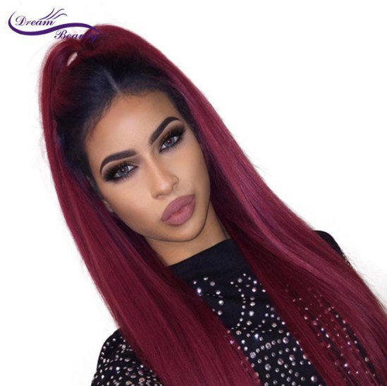 Wig Front Lace Remy Hair Ombre 1B / 99j Burgundy Human Hair Wig With Baby Hair Size 20