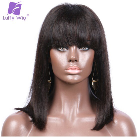 Straight Short Bob Human Hair Lace Front Wigs With Bangs Natural Color India No Remy Hair Size 12