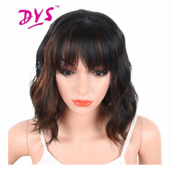 Synthetic Brown Mix Wigs With Bangs For Black White Women Short Wavy Women Natural