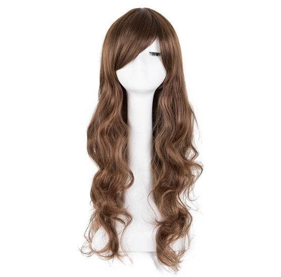 Cosplay Wig Fei-Fiber Show Heat Proof Long Curly Inclined Synthetic Hair Bangs Women Costume