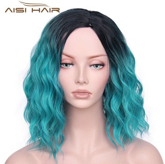 Synthetic Wig Ombre Red Blue Pink Short Black Hair Wigs for Women 14 inch