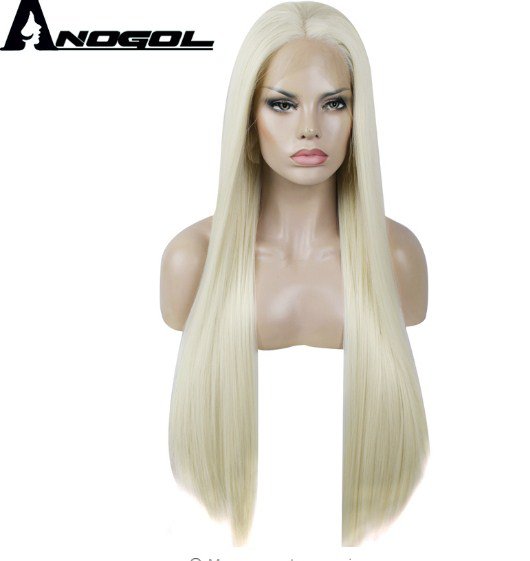 Long Straight High Temperature Fiber Heat Resistant Synthetic Lace Front Glueless Wig 20 inch