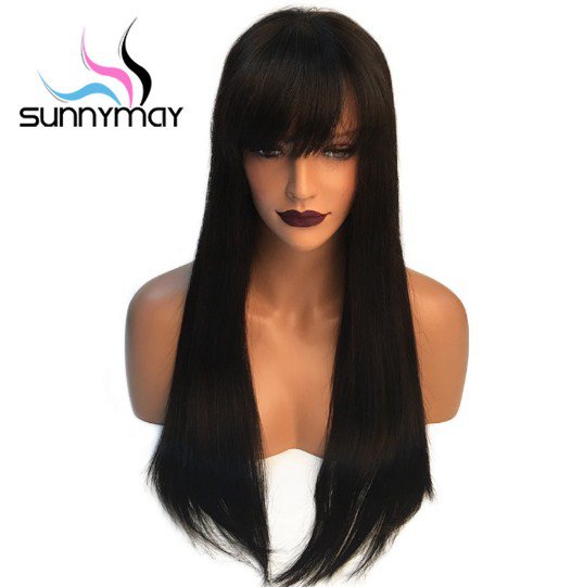 Straight Lace Front Human Hair Wigs With Brazilian Bangs Remy  16 inch