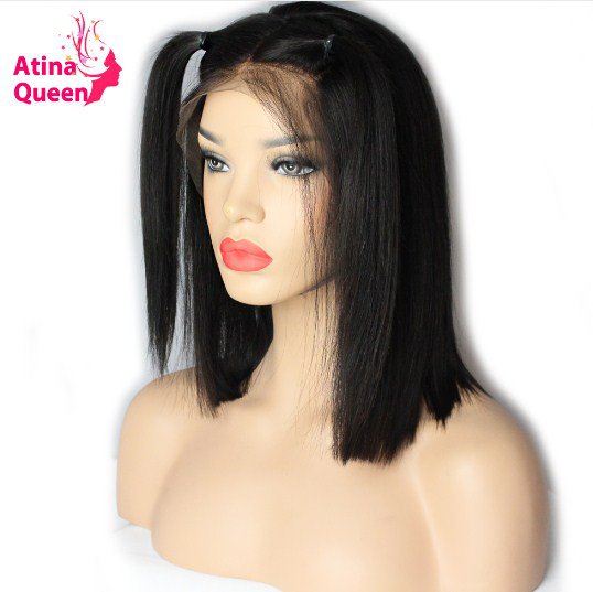Straight Brazilian Lace Front Short Cut Glueless Human Wig Natural Remy Black for Women Hair 14 inch