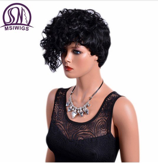 Curly Front Straight Back Short Wigs with Bangs Natural Black Afro Synthetic Hair Wig for Women