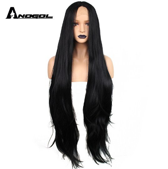 Long Natural Wave Middle Part High Temperature Fiber Glueless Black Synthetic Hair Lace Front Wigs
