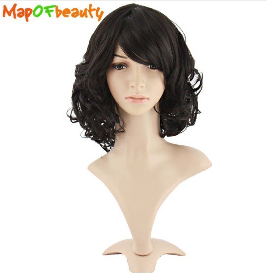 Curly Black Light Dark brown Synthetic women hair Cosplay Nautral wigs 40cm Heat Resistant Ladies