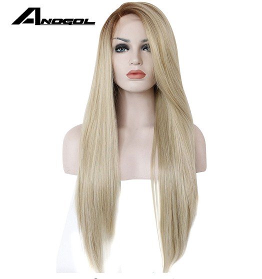 Glueless Long Straight Ombre Brown to Blonde Synthetic Lace Front Wig 22 inches