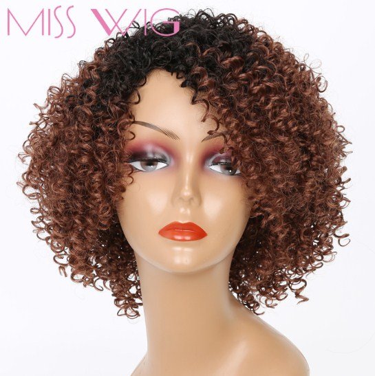 WIG Black Ombre Brown Short Kinky Curly Wigs For Black Women Synthetic Afro Hair