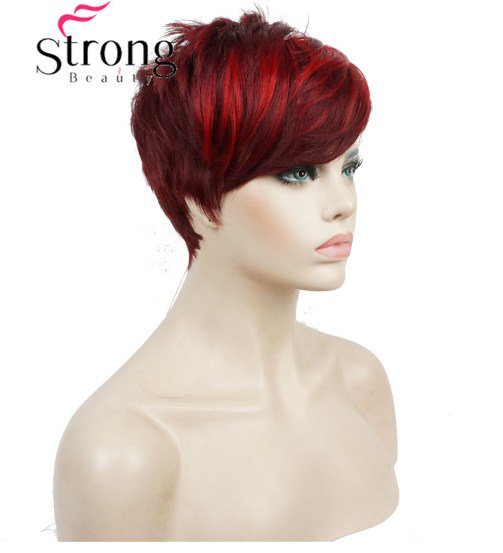 Short Side Bang Red Asymetrical Straight Wig Full Synthetic Wigs