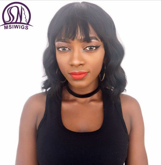 Short Loose Wavy Synthetic Wigs with Fringe Hair Natural Black High Temperature Fiber Bobo Afro Wig