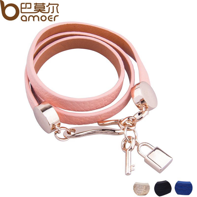 Luxury Real 18K Gold Plated Genuine Pink Leather Bracelet Three Circle Jewelry for Women