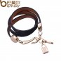 Luxury Real 18K Gold Plated Genuine Pink Leather Bracelet Three Circle Jewelry for Women