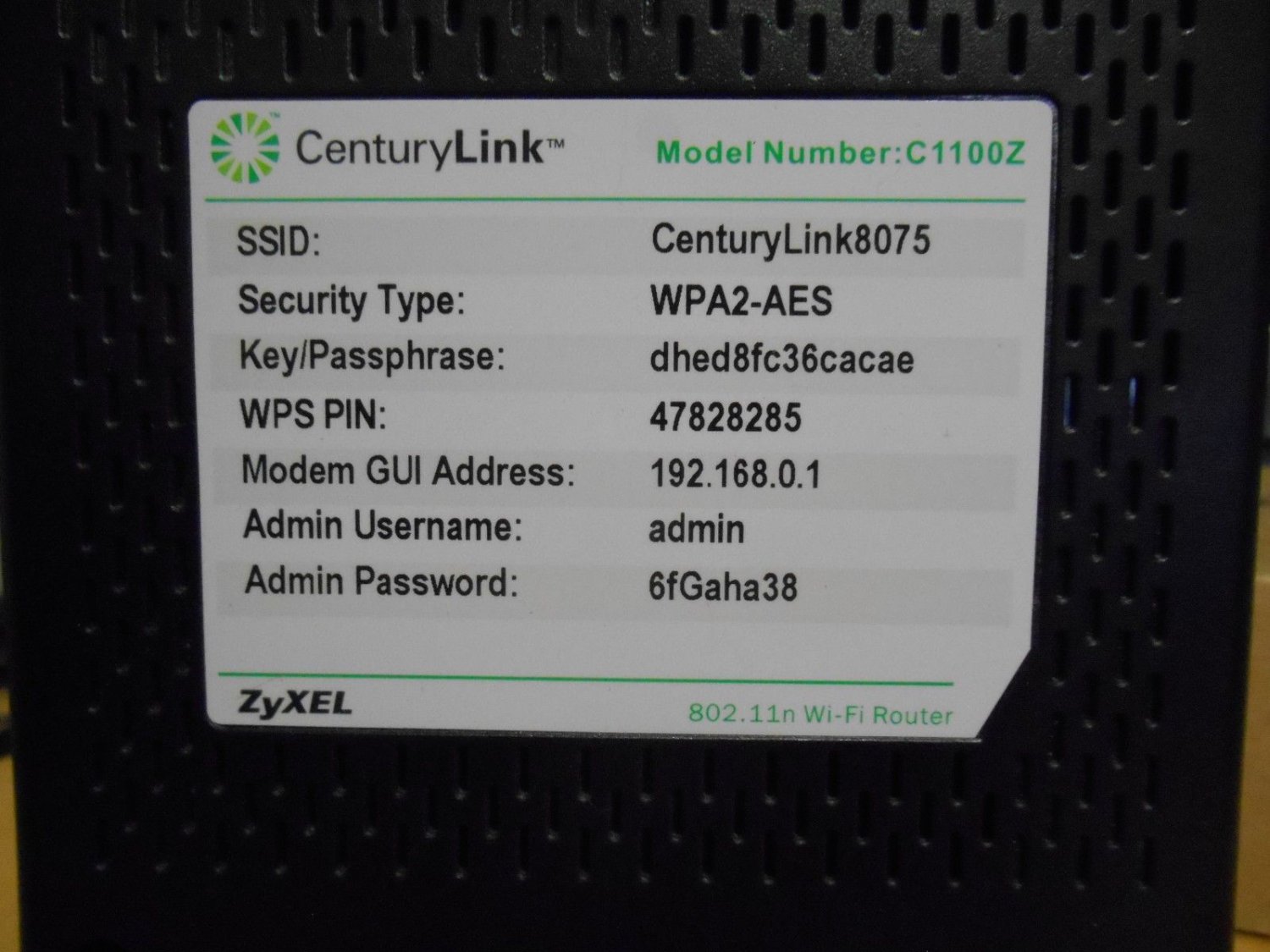 CenturyLink ZyXEL C1100Z Wireless Modem Router.