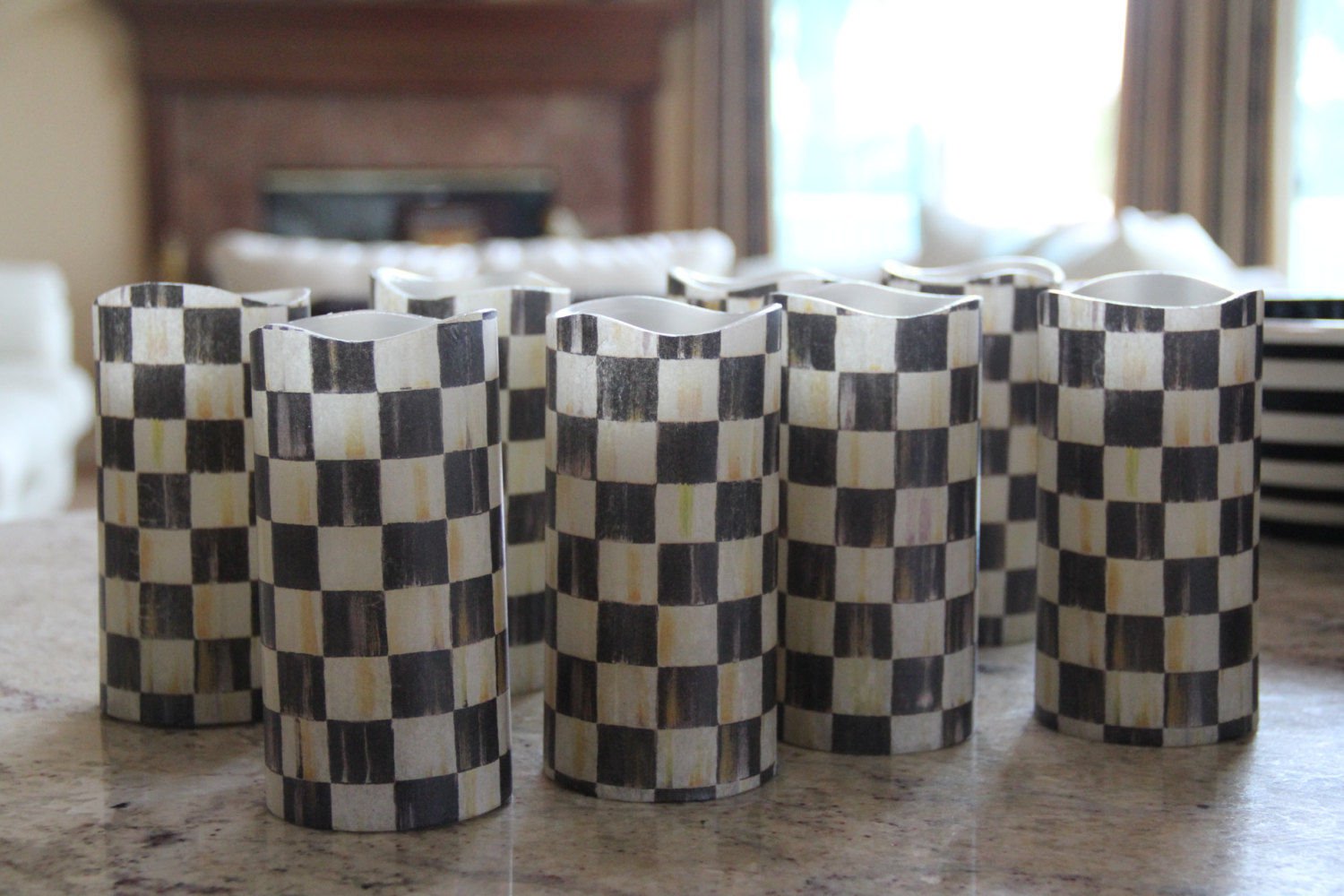 Flameless LED Pillar Candles 4"- 5" made w/Mackenzie Childs Courtly Check Paper