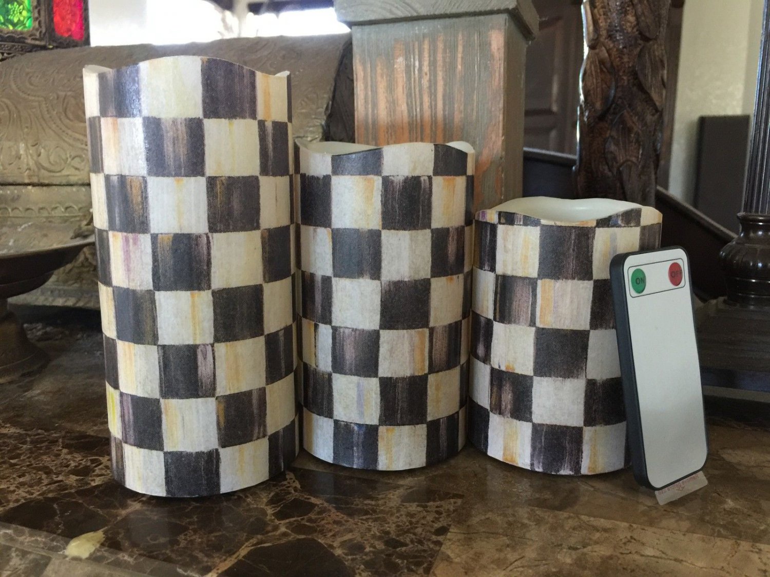Vanilla Flameless LED Candles made w/Mackenzie Childs Courtly Ck Tissue w/Remote