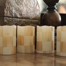 4 Flameless LED Pillar Candles made w/Mackenzie Childs Parchment Check Napkin