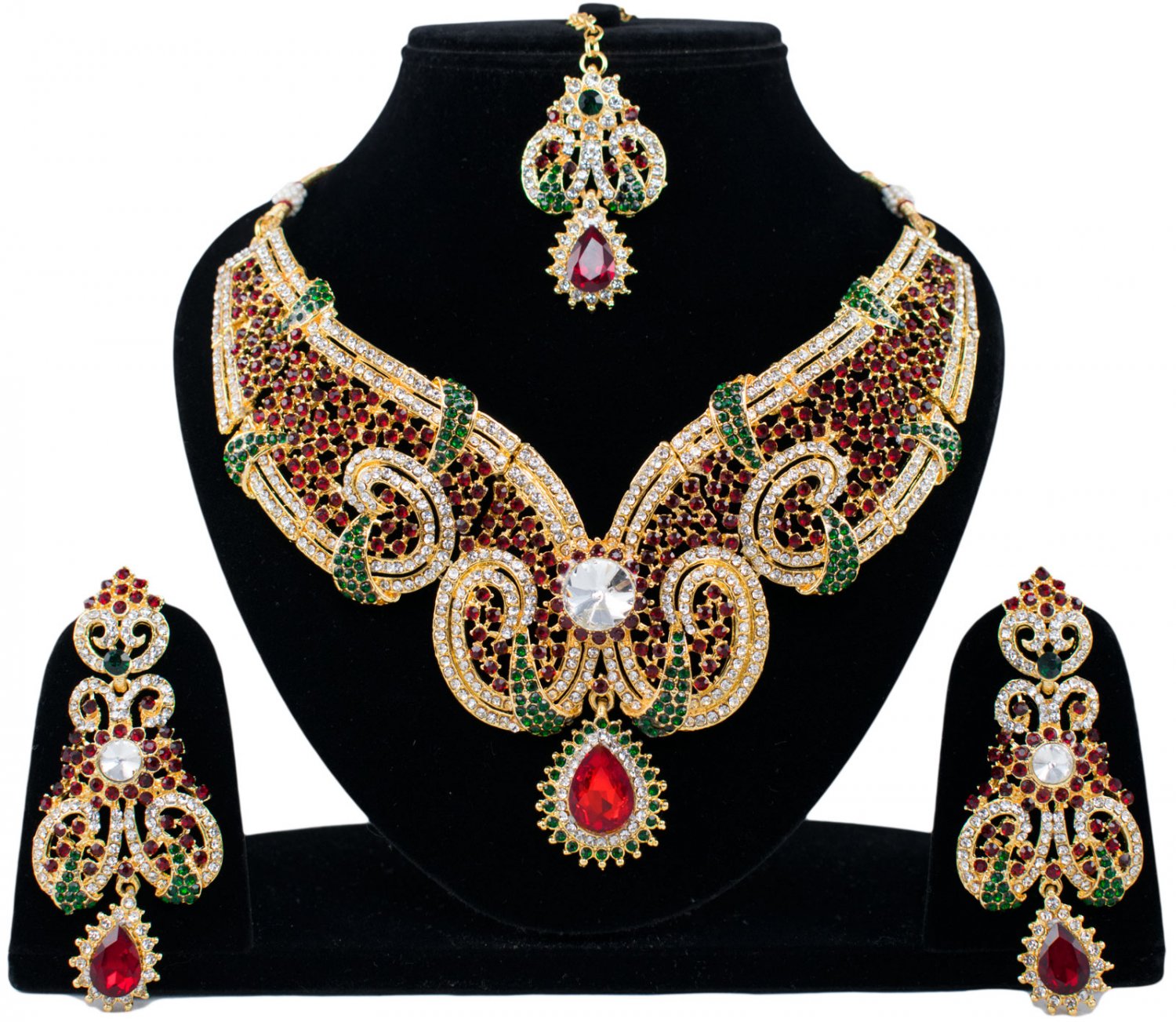 Indian Jewellery Green Maroon Wedding Gold Tone CZ Kundan Necklace Set